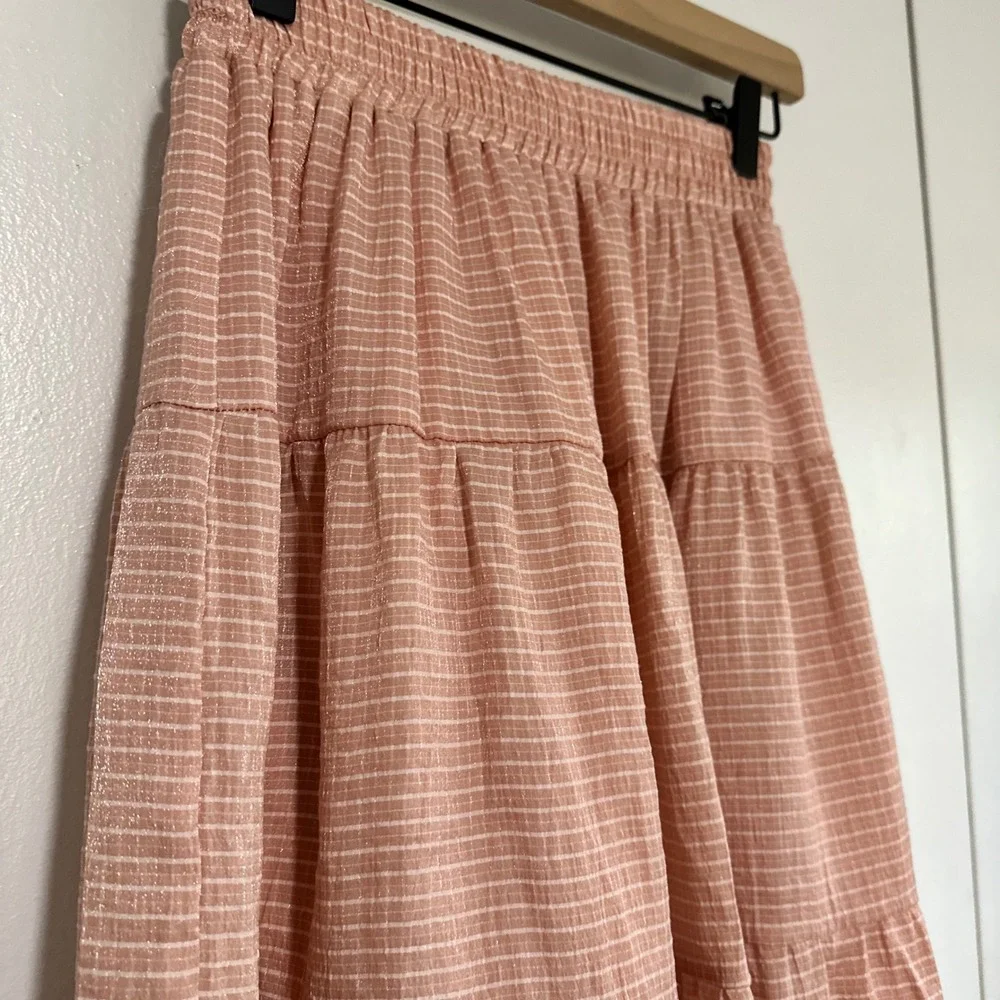 EN SAISON |‎ Peach Pink Sparkle Tiered Boho Feminine Stripe Midi Skirt, Size S
